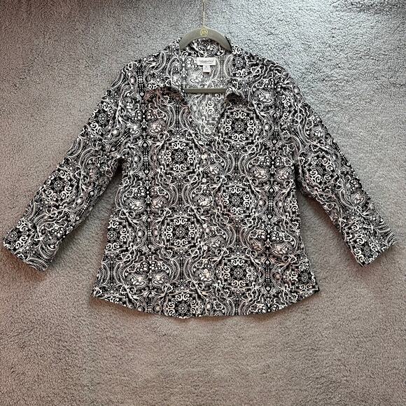Coldwater Creek XL Button Up Top Long Sleeves V-Neck‎ Black White Pattern - Picture 1 of 8